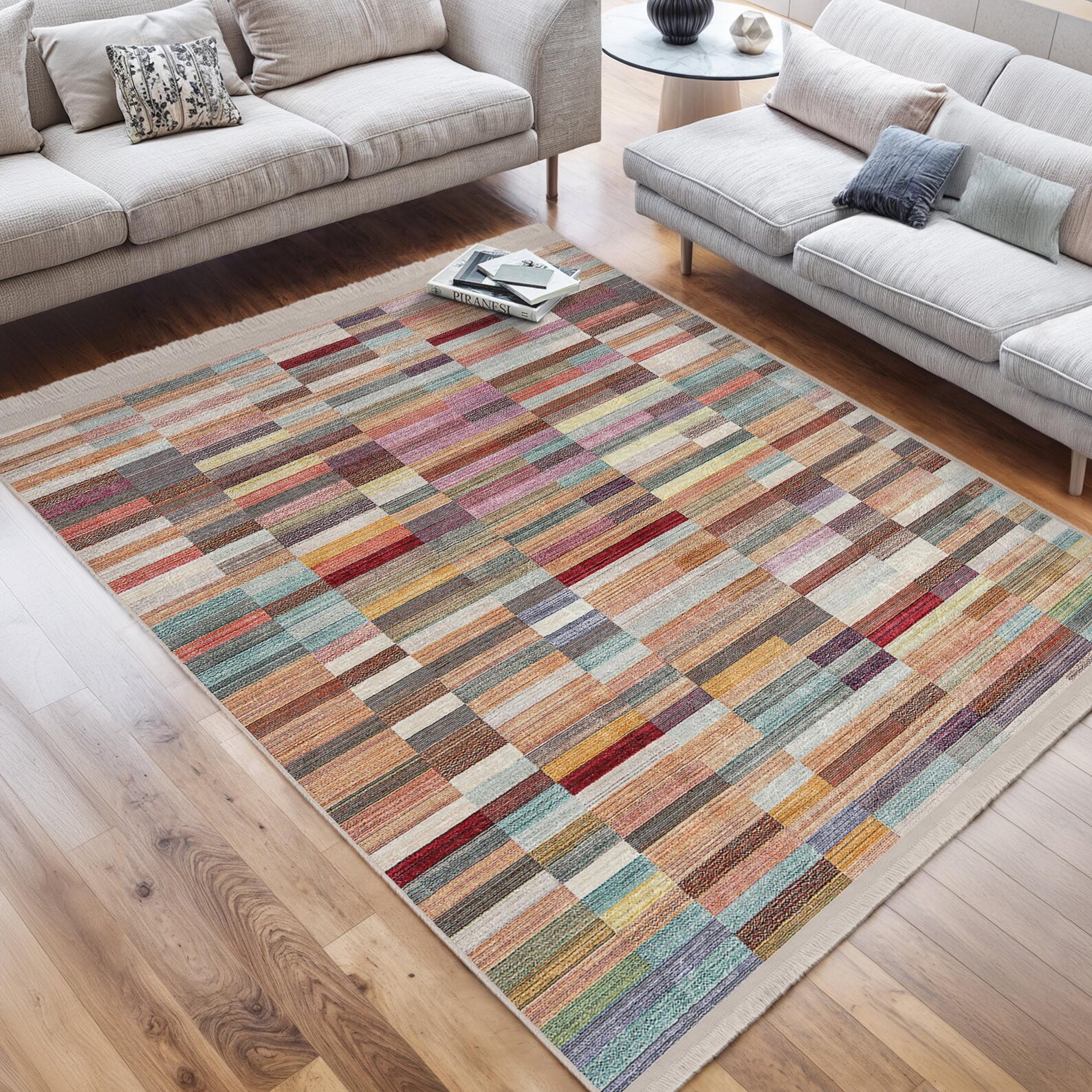 Pastel Block Accent Rug - Colorful Non Slip Area Rug - Faded Washable ...