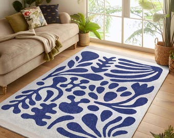 Matisse Leaf Area Rug - Navy Blue Non Slip Rug-Botanical Washable Throw Rug-Minimal Cute Vibes Runner-WhiteHallway Mat-Fancy Interior Carpet