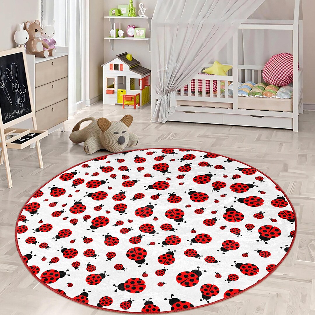 Insect Rug Children Ladybug Kid's Room Round Rug - White Cute Bird Circle Carpet - Fun ...