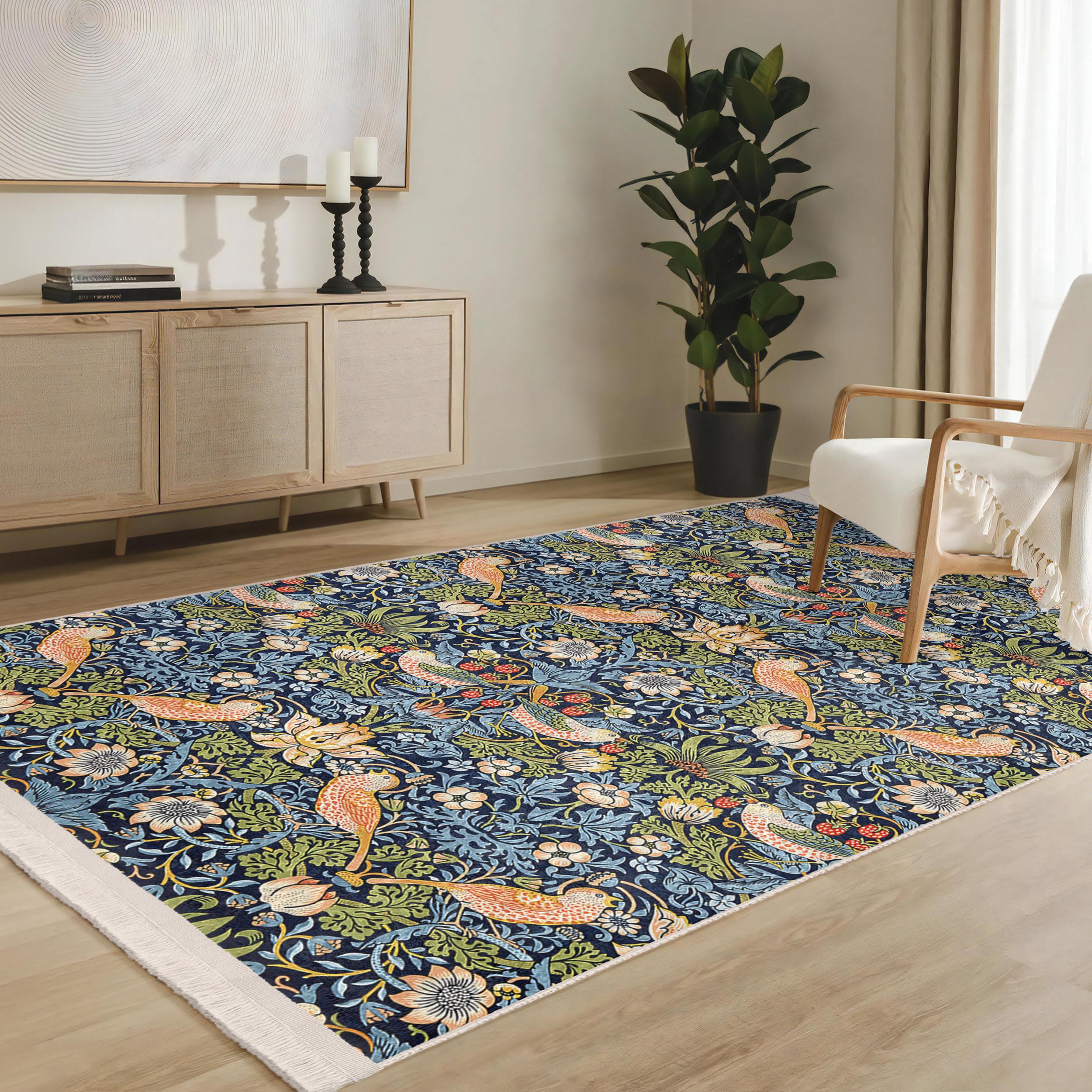 Strawberry Thief Area Rug -william Moris Blue Gothic Carpet - Bird