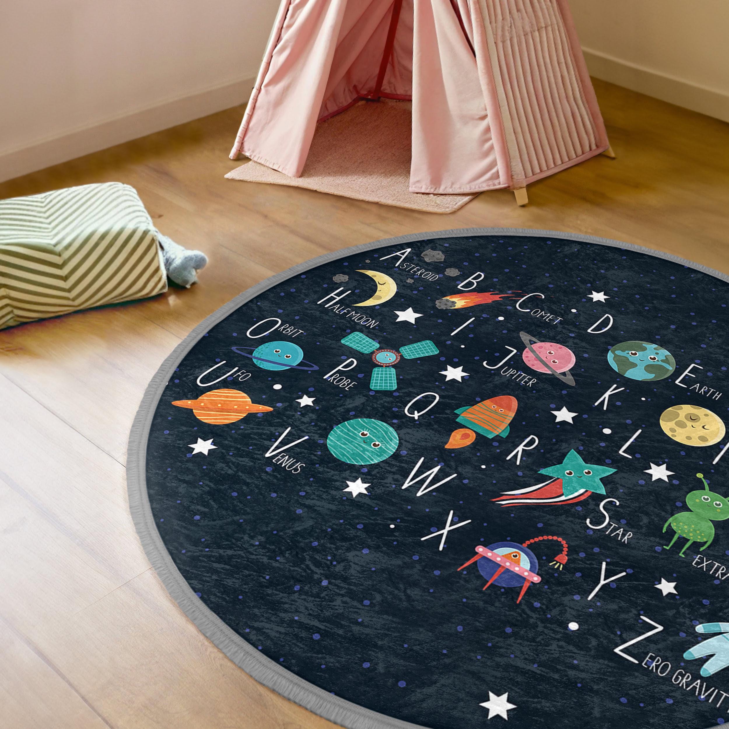 Space Round Rug Alphabet ABC Children Room Round Rug - Blue Space Circle Carpet - Alien ...