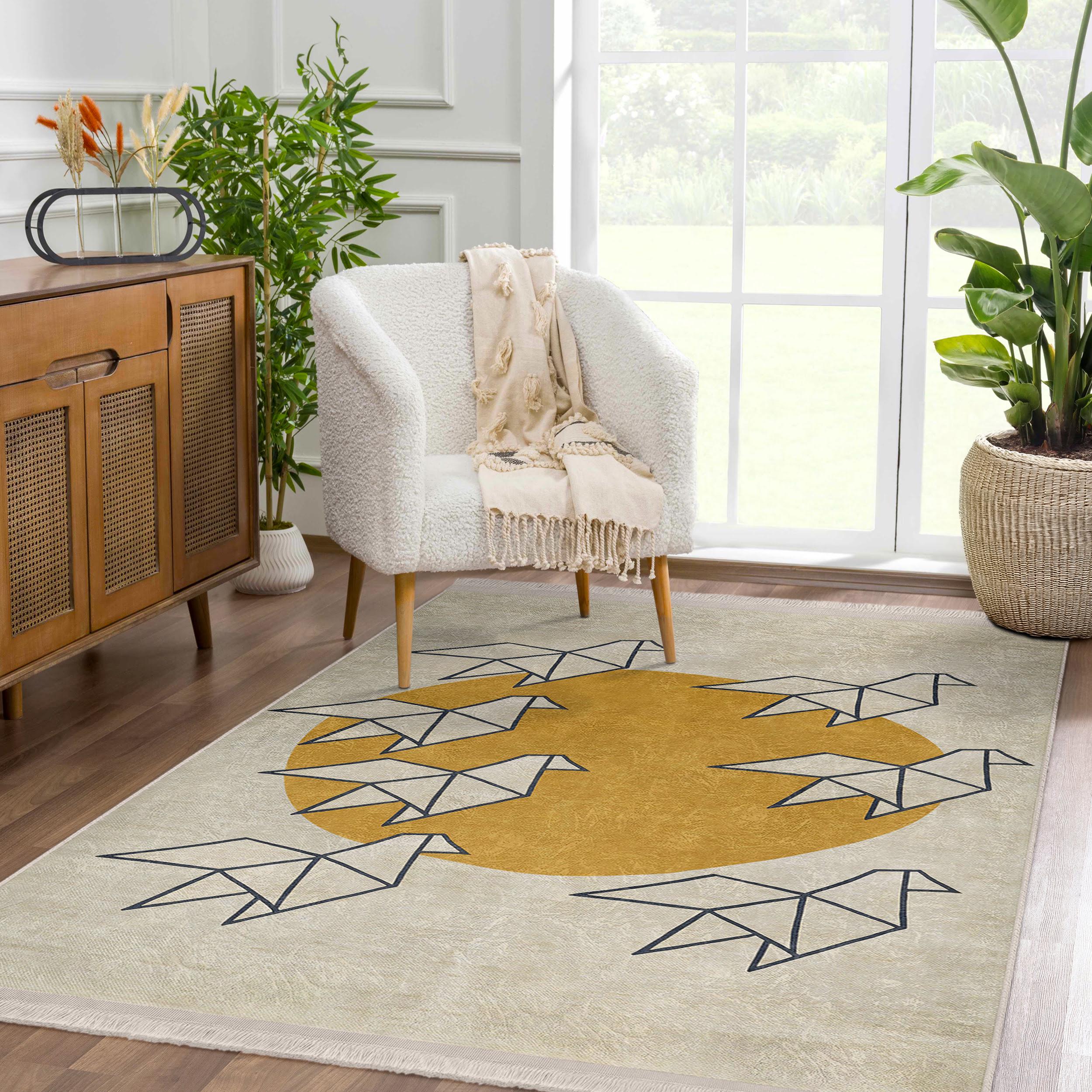 サンオリガミアクセントラグ - 日本製滑り止めラグ - 鳥の幾何学模様の