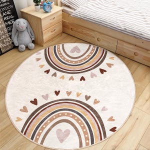 Regenbogen Kinderzimmer runder Teppich - Beige Herz Kreis Teppich - Polka Dot Nursery Oval Teppich - Symmetrische Erdton Waschbar Kreis Krabbeldecke