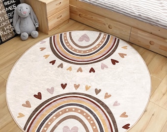 Rainbow Children Room Round Rug - Beige Heart Circle Carpet - Polka Dot Nursery Oval Rug - Symmetric Earthy Tone Washable Circular Playmat