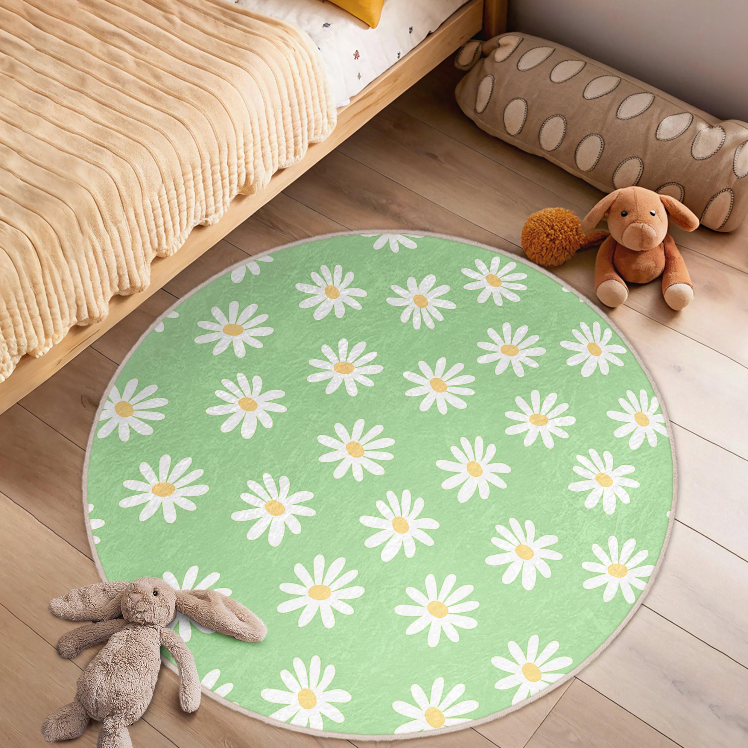 Botanical Children Room Round Rug - Green Daisy Circle Carpet - Floral ...
