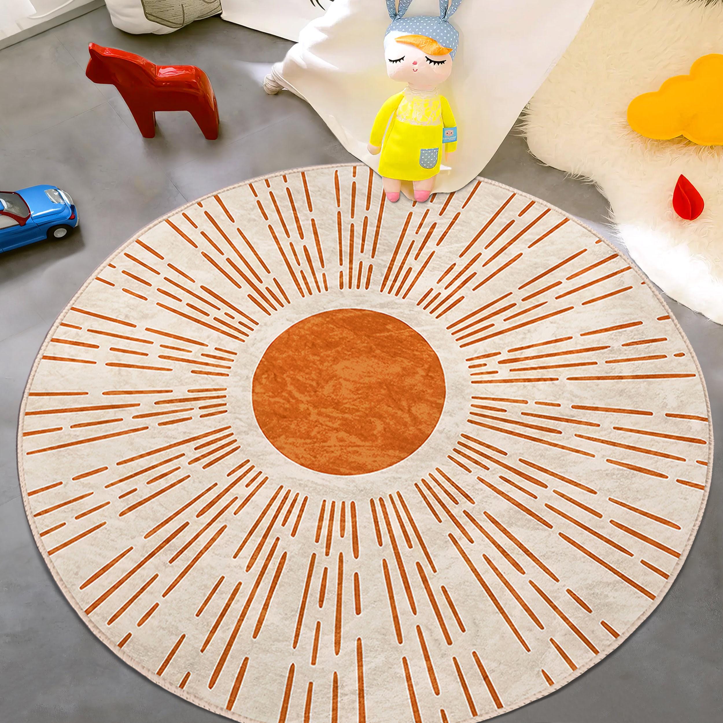 Minimal Kids Room Round Rug - Beige Sunburst Circle Carpet - Modern ...