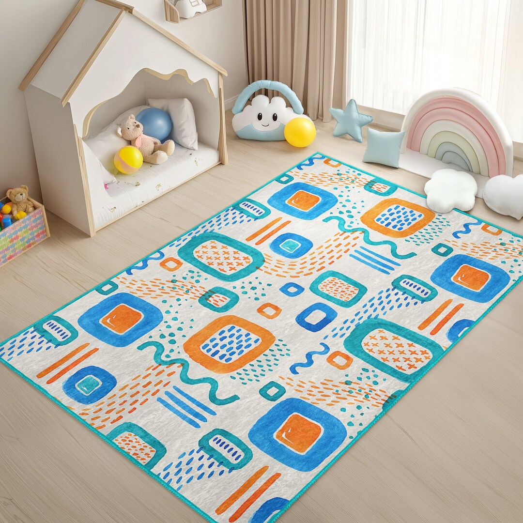 Beige Abstract Infant Play Rug-rainy Nonslip Nursery Carpet-futuristic ...