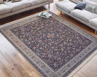 Vintage Anatolian Area Rug For Living Room -Anatolian Washable Throw Rug-Oriental Runner-Turkish Anti Slip Carpet-Blue Mat-Floral Accent Rug