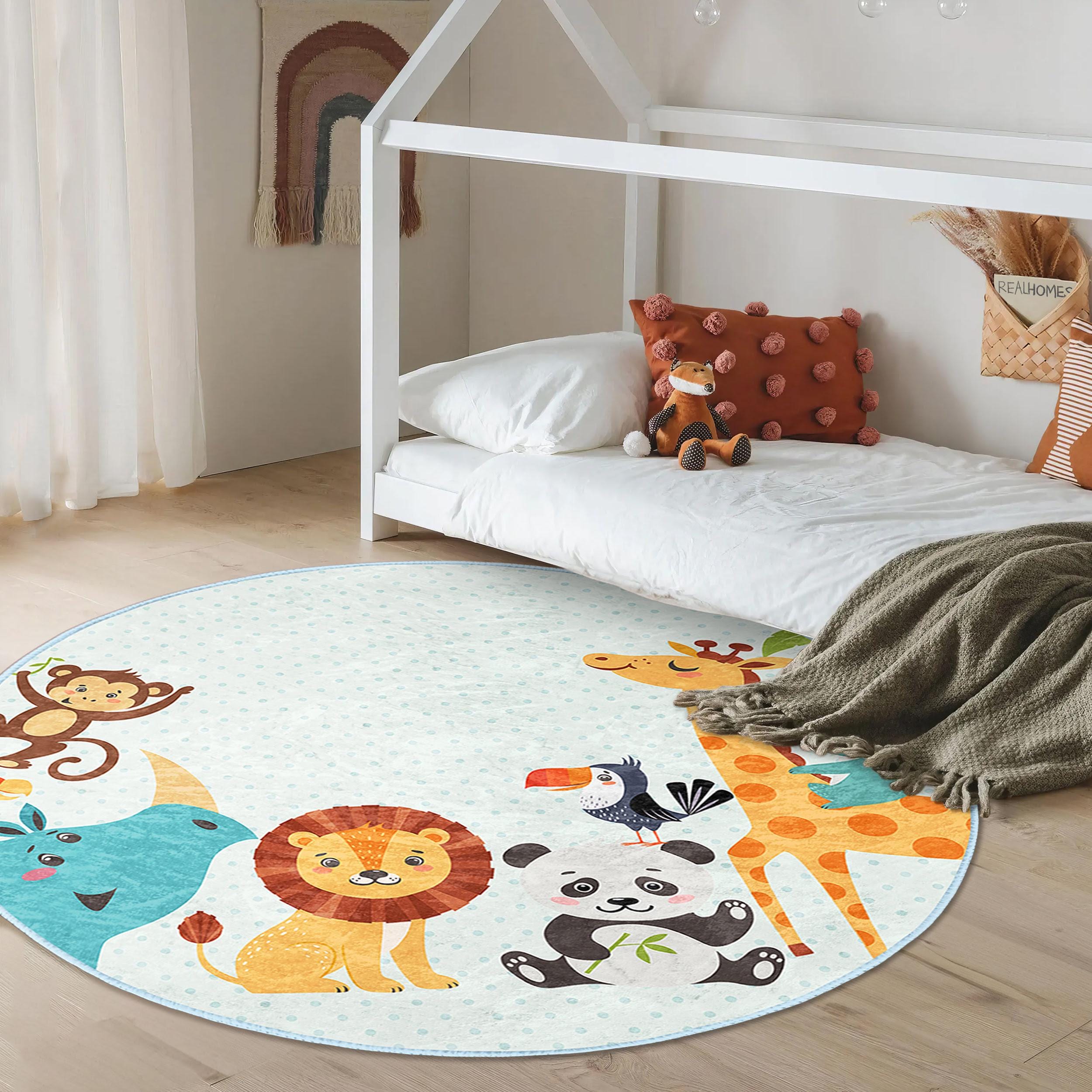 Zoo Animals Children Room Round Rug - Blue Jungle Circle Carpet