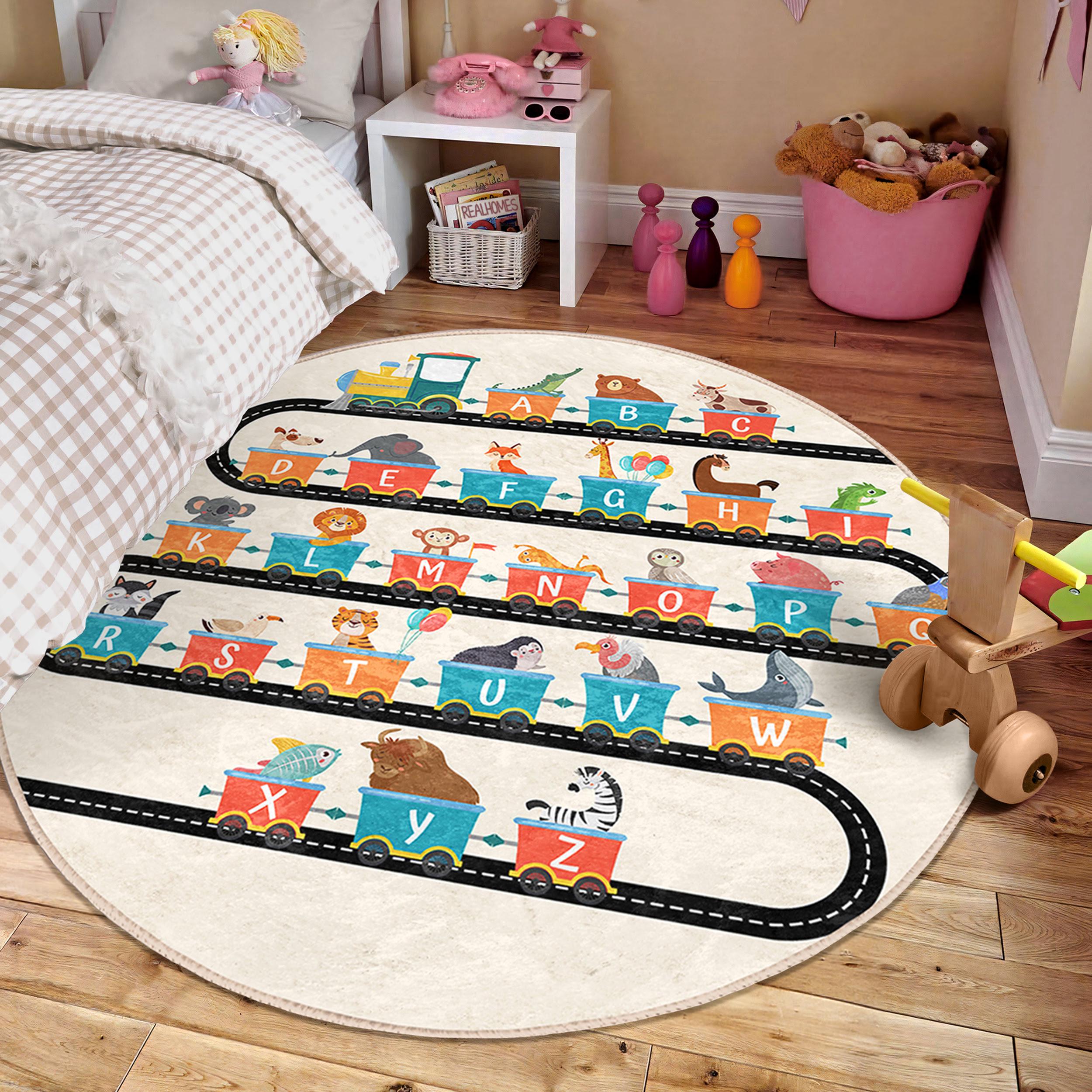 Alphabet ABC Kids Room Round Rug - Beige Train Circle Carpet - Letters ...