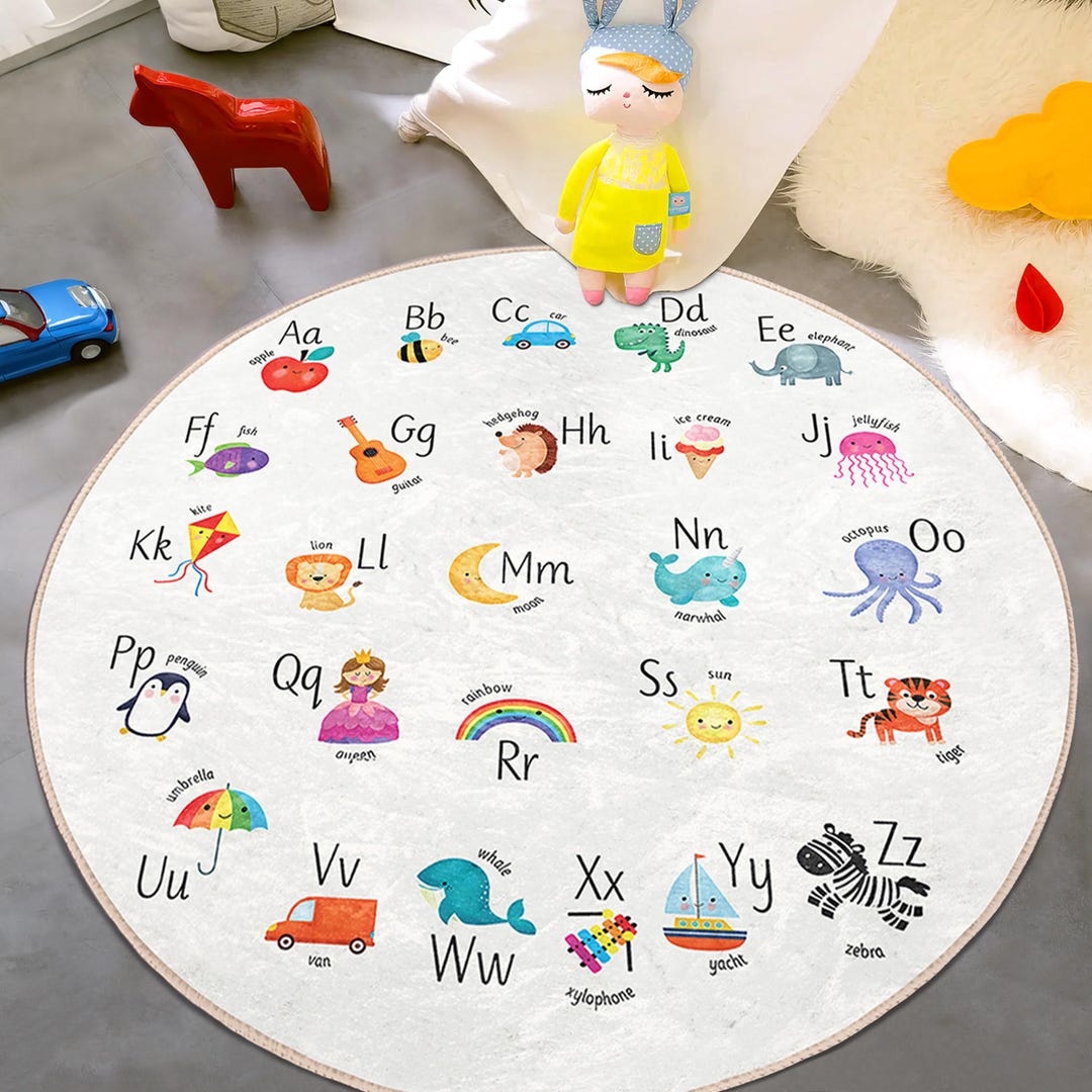 Alphabet Toddler Room Round Rug - White Learning ABC Circle Carpet ...