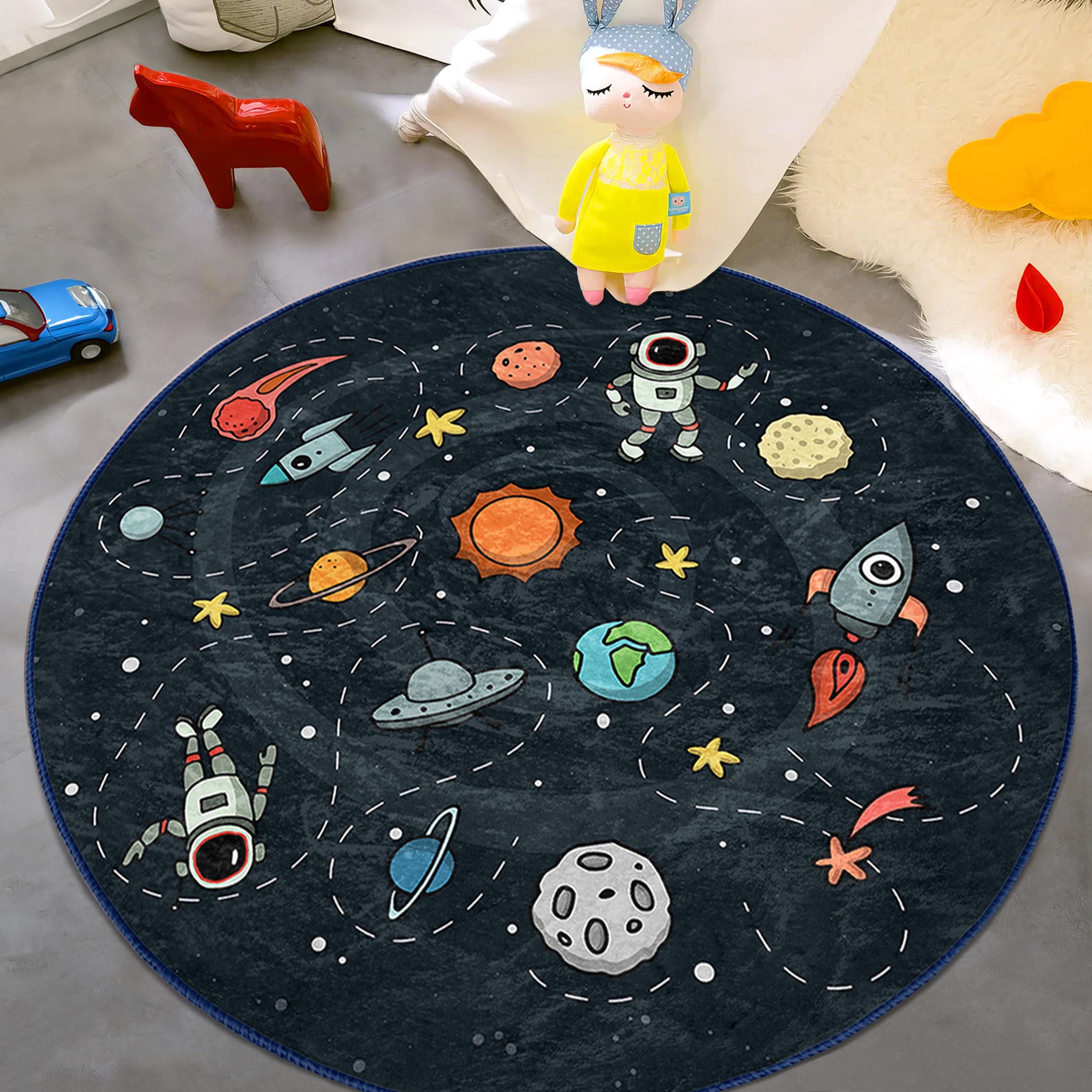 Space Round Rug Sun Children Room Round Rug - Black Astronaut Circle Carpet - Solar ...