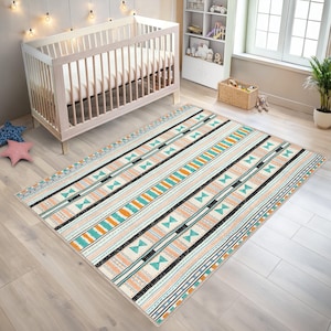 Boho Crawling Rug - Blue Mat - Tribal Skid Proof Carpet for Kids-Ethnic Toddler Runner-Aztec Stripe Playroom Rug-Southwestern Tammy Time Mat