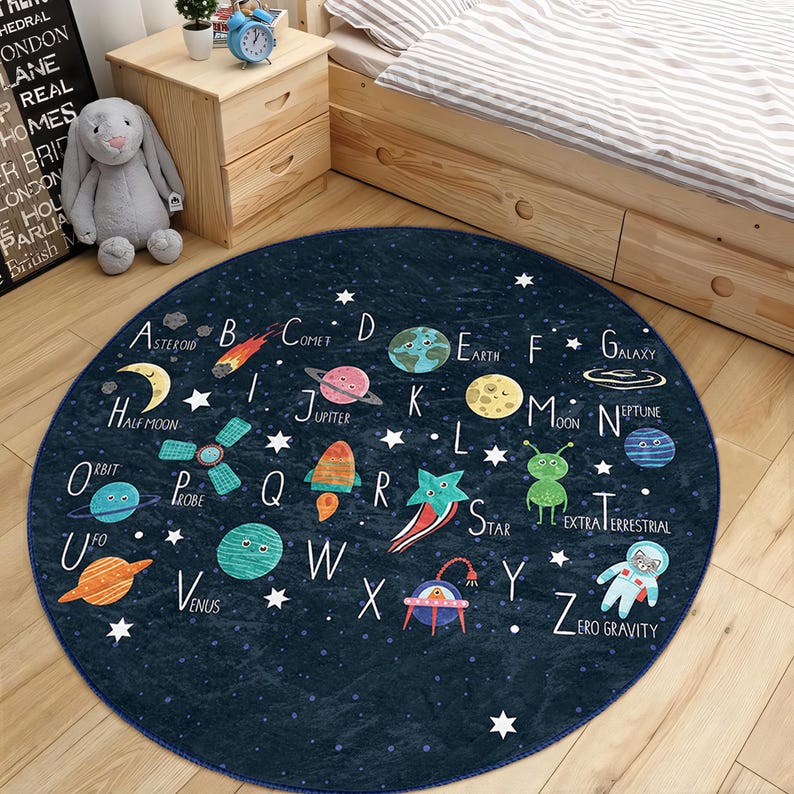 Alphabet ABC Children Room Round Rug - Blue Space Circle Carpet - Alien ...
