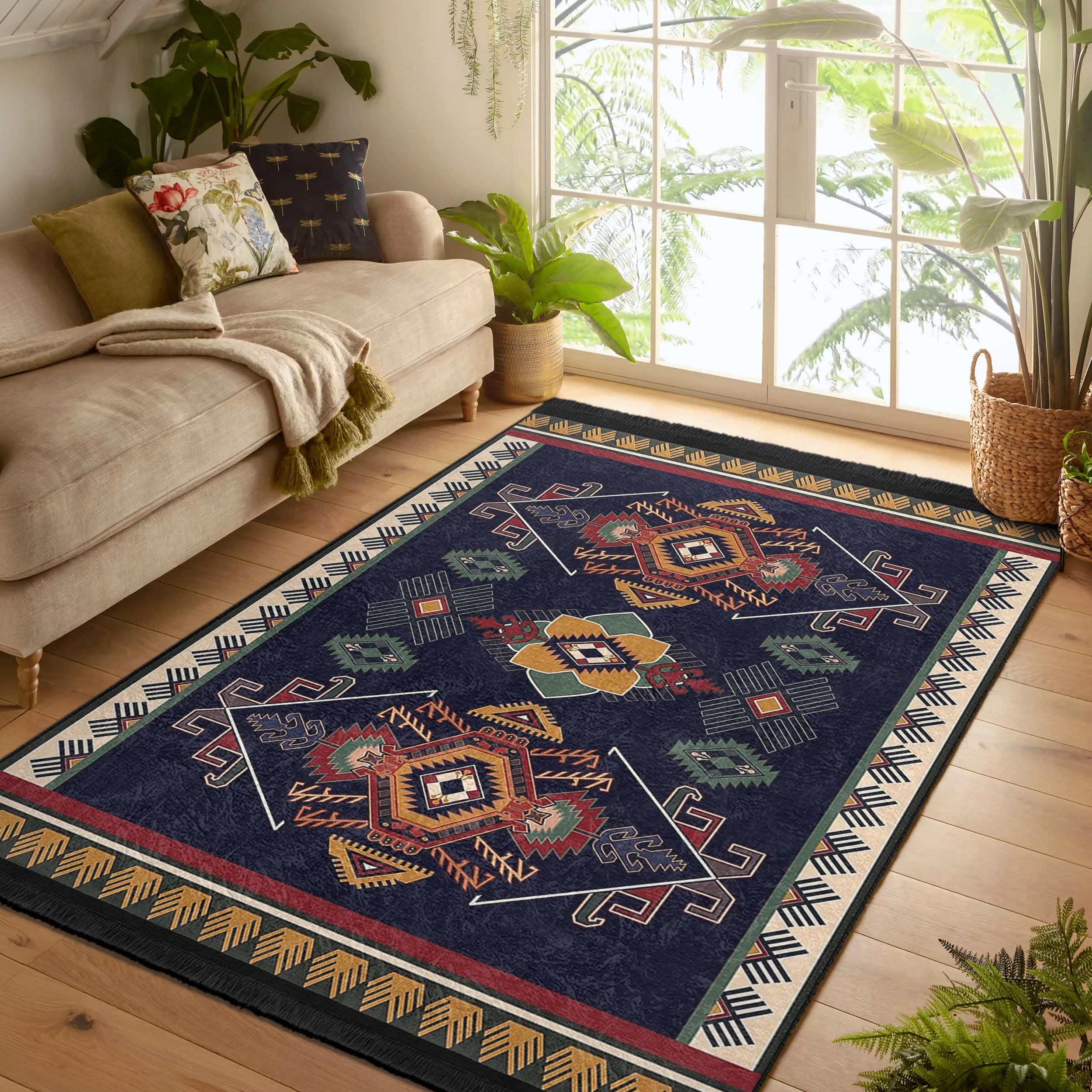 Aztec Terracotta High Traffic Rug - Navajo Rubber Backing Throw