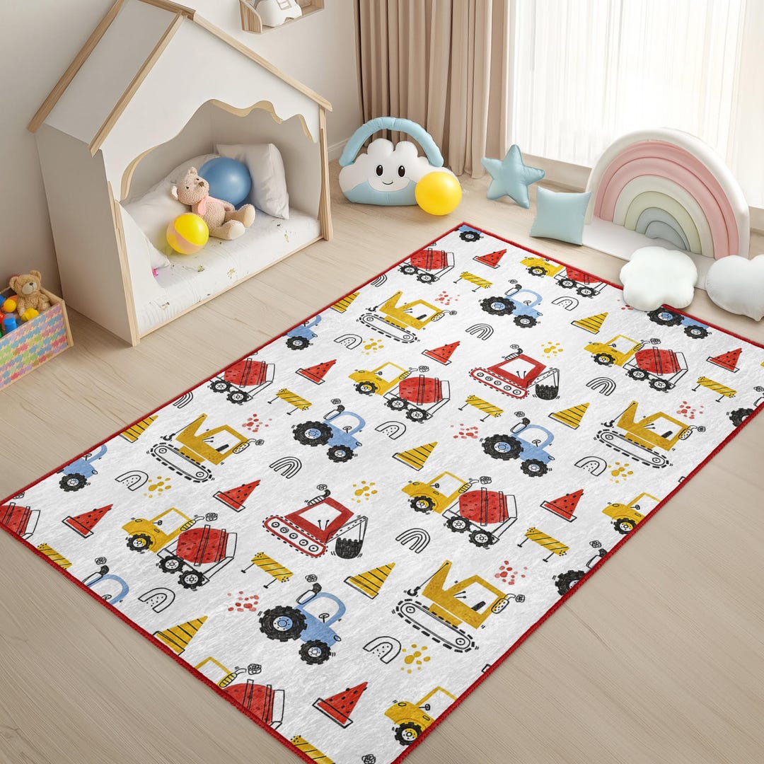 White Construction Infant Play Rug-excavator Non Slip Nursery Carpet ...