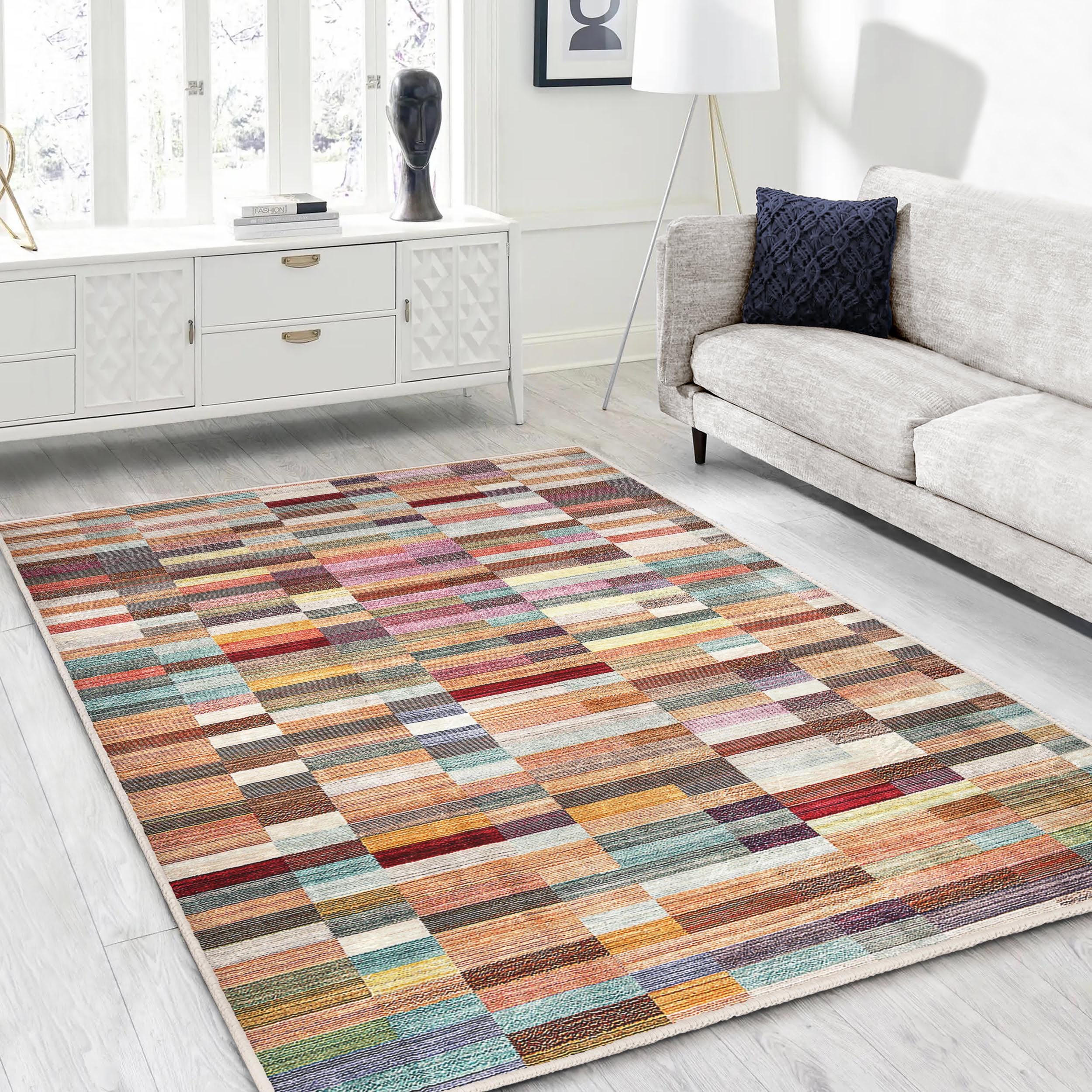 Pastel Block Accent Rug - Colorful Non Slip Area Rug - Faded Washable ...