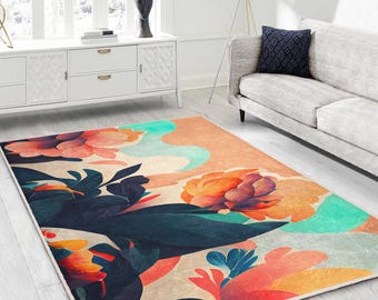 Cartoon Art Floral Area Rug - Modern Anti Slip Rug-Vibrant Washable Throw Rug-Teal Courtyard Runner-Orange Cute Porch Mat-Unique Dorm Carpet