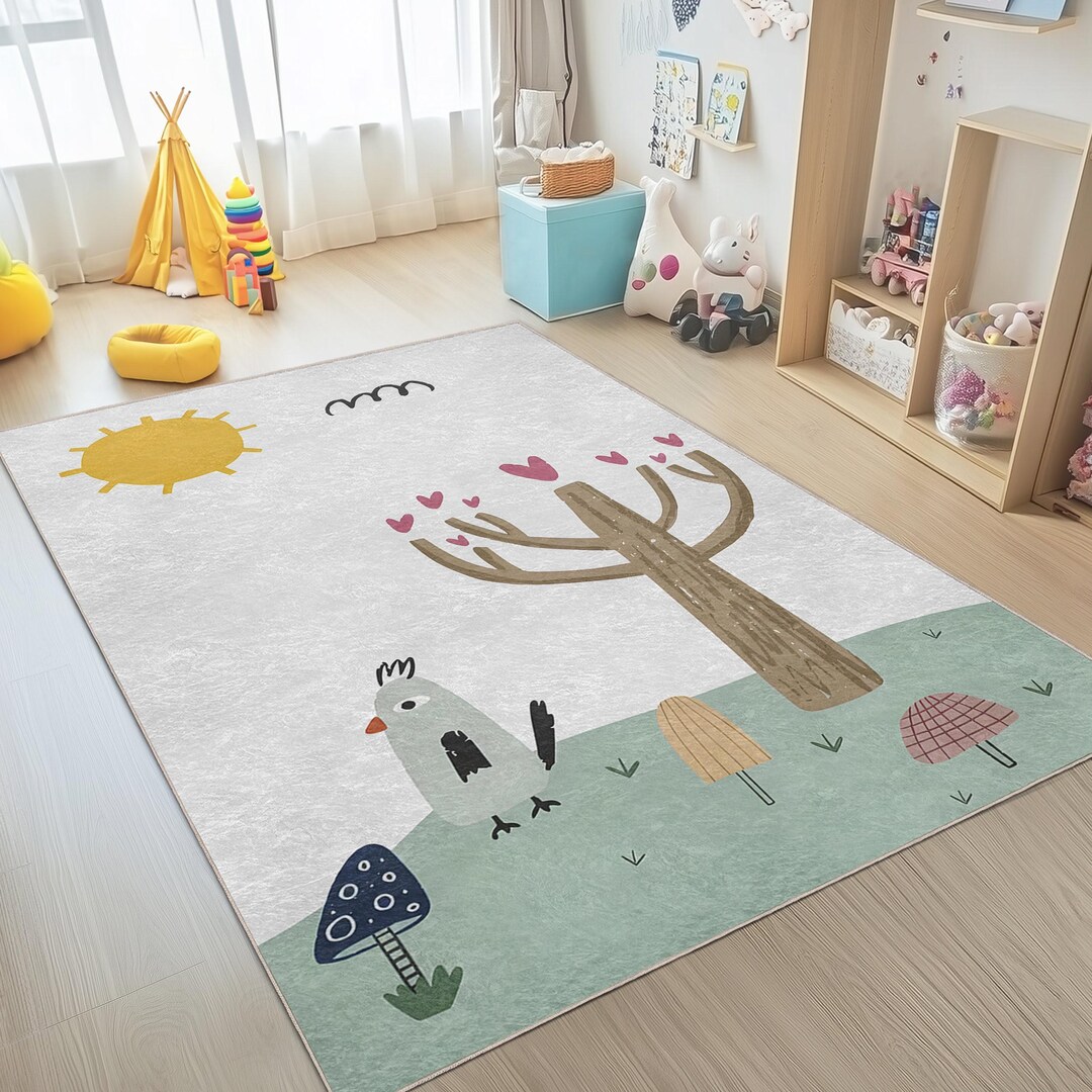 Beige Pastel Cartoon Infant Play Rug - Heart Non Slip Nursery Carpet ...