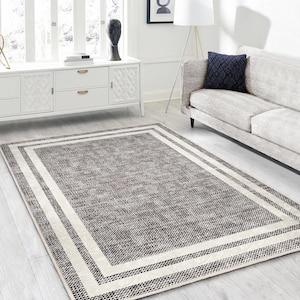 Neutral Contemporary High Traffic Rug-Elegant Rubber Backing Throw Rug-Bordered Washable Runner-Clasy Accent Rug-Grey Mat-Living Room Carpet