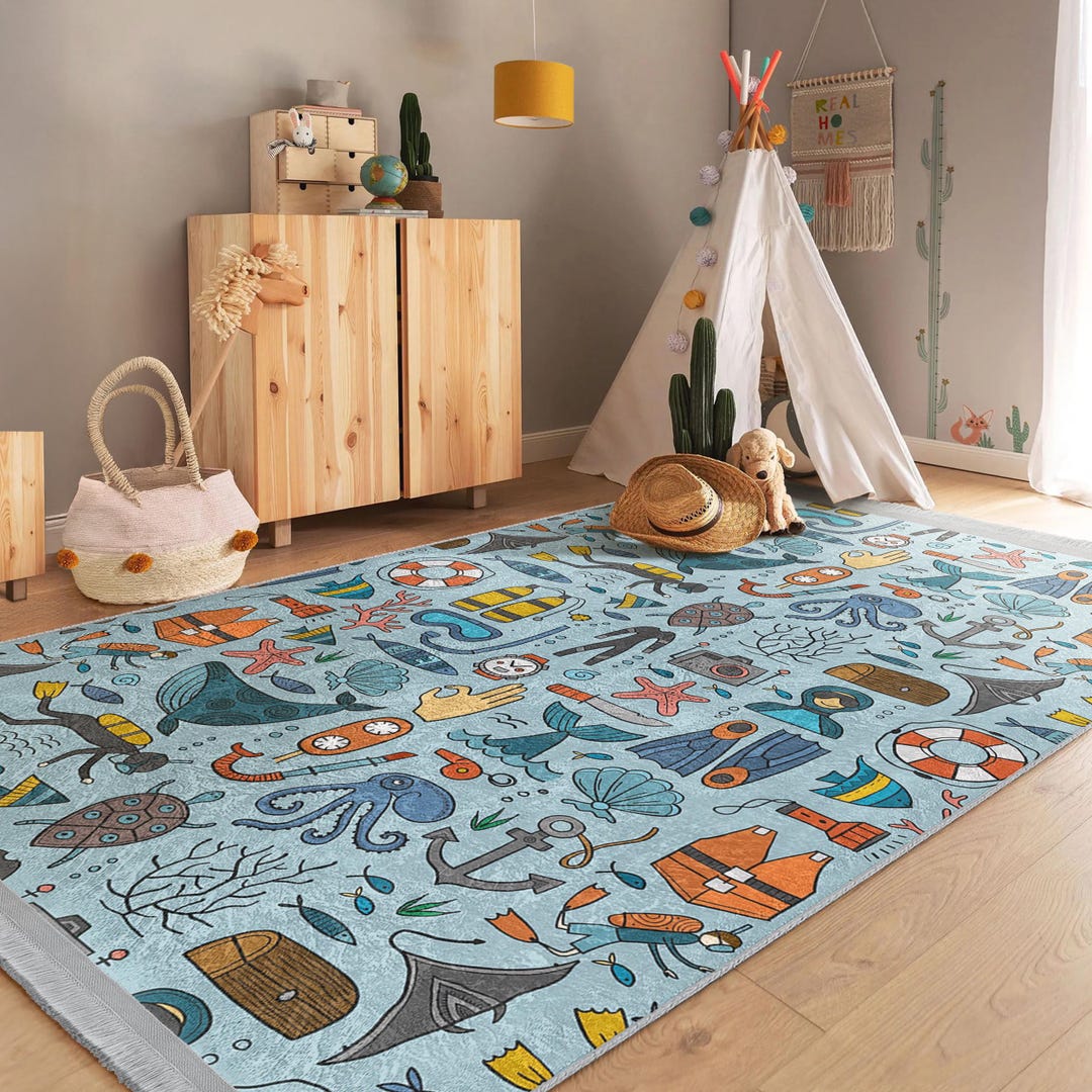 Crawl Under Rugs Sea Creatures Crawling Rug - Blue Mat -diver Skid Proof Carpet for Kids ...