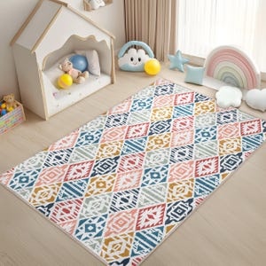 Tribal Crawling Rug - Blue Mat - Ethnic Skid Proof Carpet for Kid&#39;s Room - Native Toddler Runner -Bohemian Playroom Rug-Aztec Tammy Time Mat