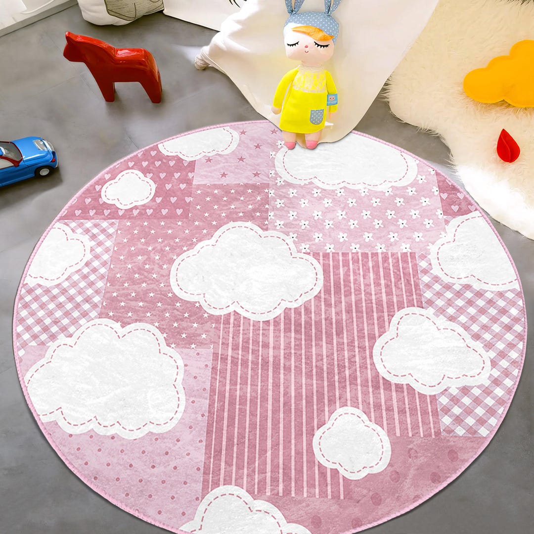 Dotted Kids Room Round Rug - Pink Clouds Circle Carpet - Stars Activity ...