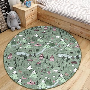 Woodland Round Nursery Area Rug - Green Forest Circle Newborn Carpet - Farming Baby Crawling Rug - Bear Mountain Washable Kindergarden Mat