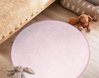 Plain Pink Girl's Room Round Rug - Pink Solid Circle Carpet - Pastel Nursery Oval Rug - Cozy Vibe Soft Washable Circular Antislip Mat