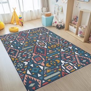 Ethnic Crawling Rug-Blue Mat -Southwestern Skid Proof Carpet for Kid&#39;s Room-Tribal Toddler Runner-Eclectic Playroom Rug-Aztec Tammy Time Mat