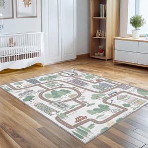 City Life Driving Car Crawling Rug - Skyscaper Beige Tammy Time Carpet - Forest Activity Mat-Bus Newborn Anti Slip Runner-Washable Kid's Mat