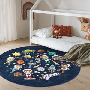 Spaceship Round Nursery Area Rug - Blue Galaxy Circle Newborn Carpet - Solar Baby Crawling Rug - Cosmic Stars Washable Kindergarden Mat