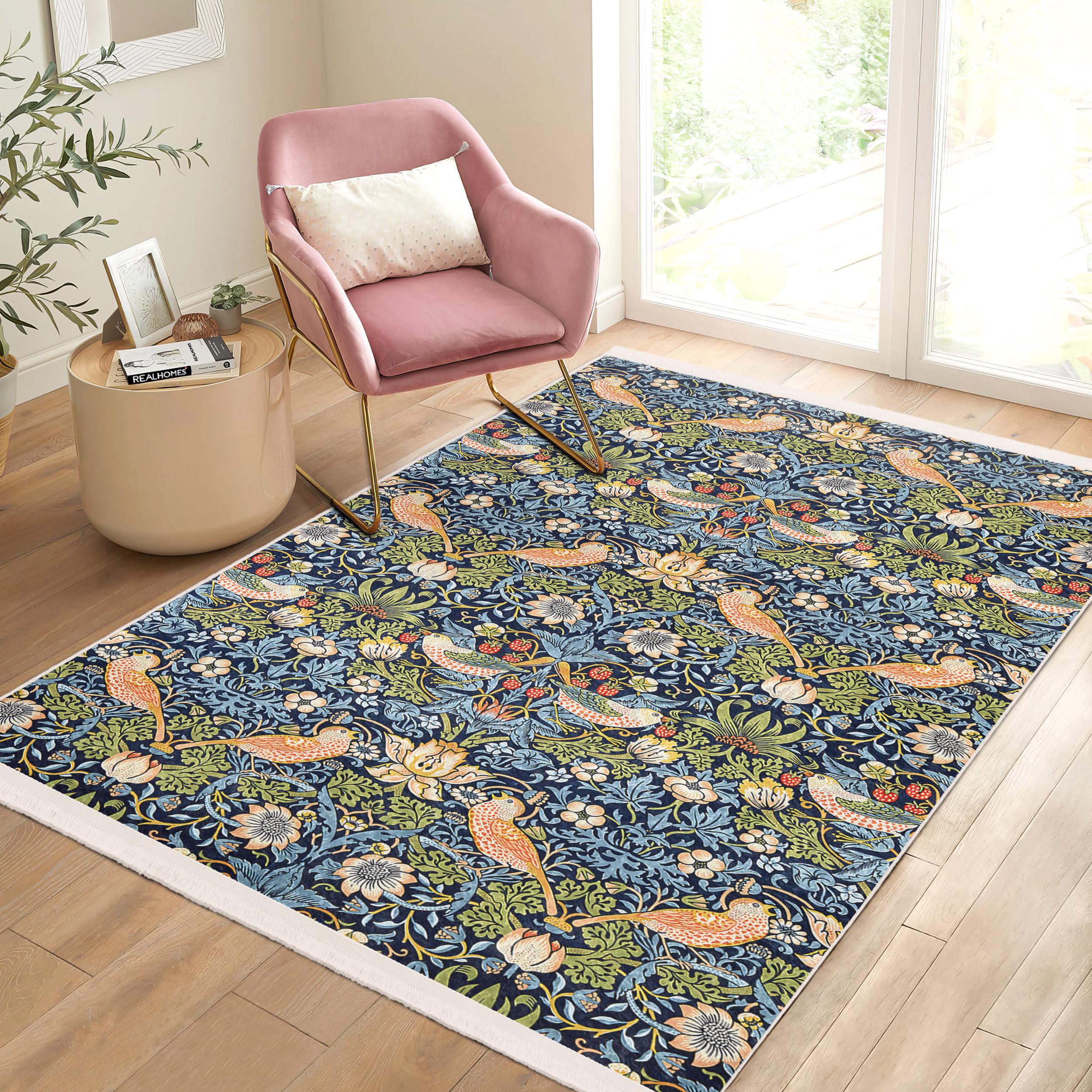 Strawberry Thief Area Rug -william Moris Blue Gothic Carpet - Bird