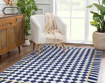 Wavy Diamond Area Rug - Navy Slip Resistant Rug - Chequered Washable Throw Rug -Elegan tStainless Runner -Blue Door Mat-Chic Interior Carpet