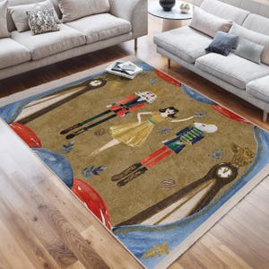 May include: A beige rug with a whimsical illustration of a Nutcracker, a ballerina, and a clock. The rug features a blue and gold border with a brown background.