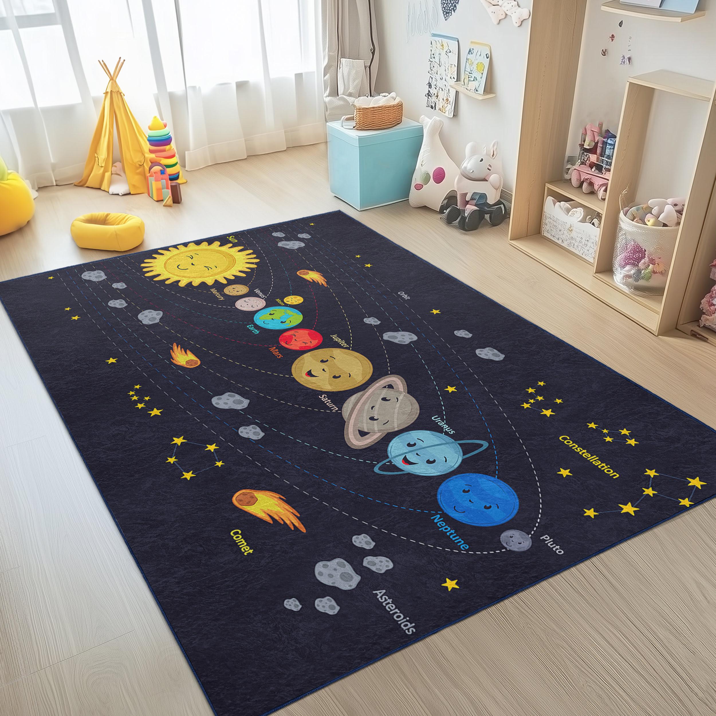 Solar Systen Rug Black Solar System Infant Rug -educational Non Slip Nursery Carpet-sun ...