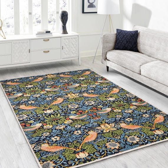 Strawberry Thief Area Rug -william Moris Blue Gothic Carpet - Bird