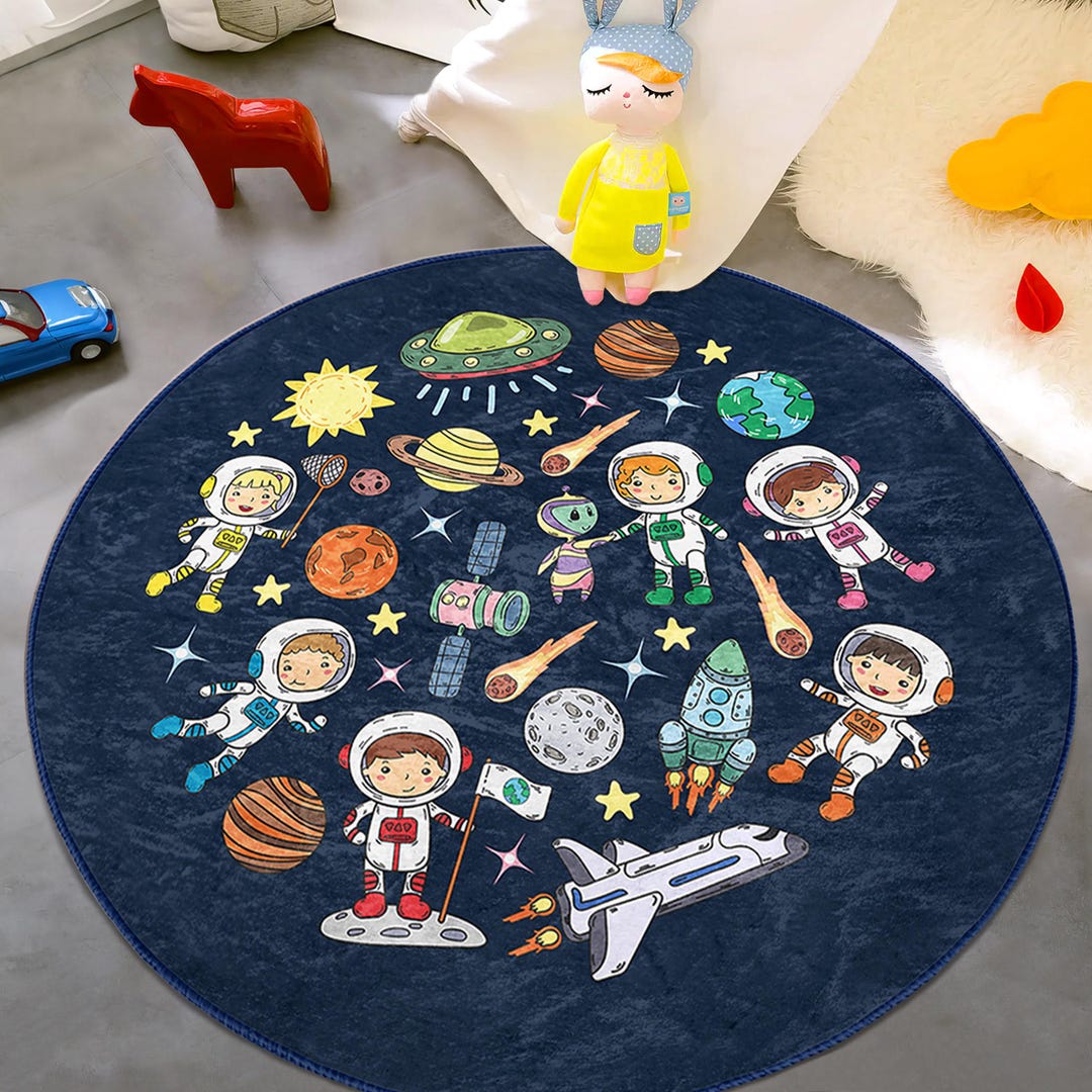 Space Round Rug Moon Children Room Round Rug - Blue Space Shuttle Circle Carpet ...