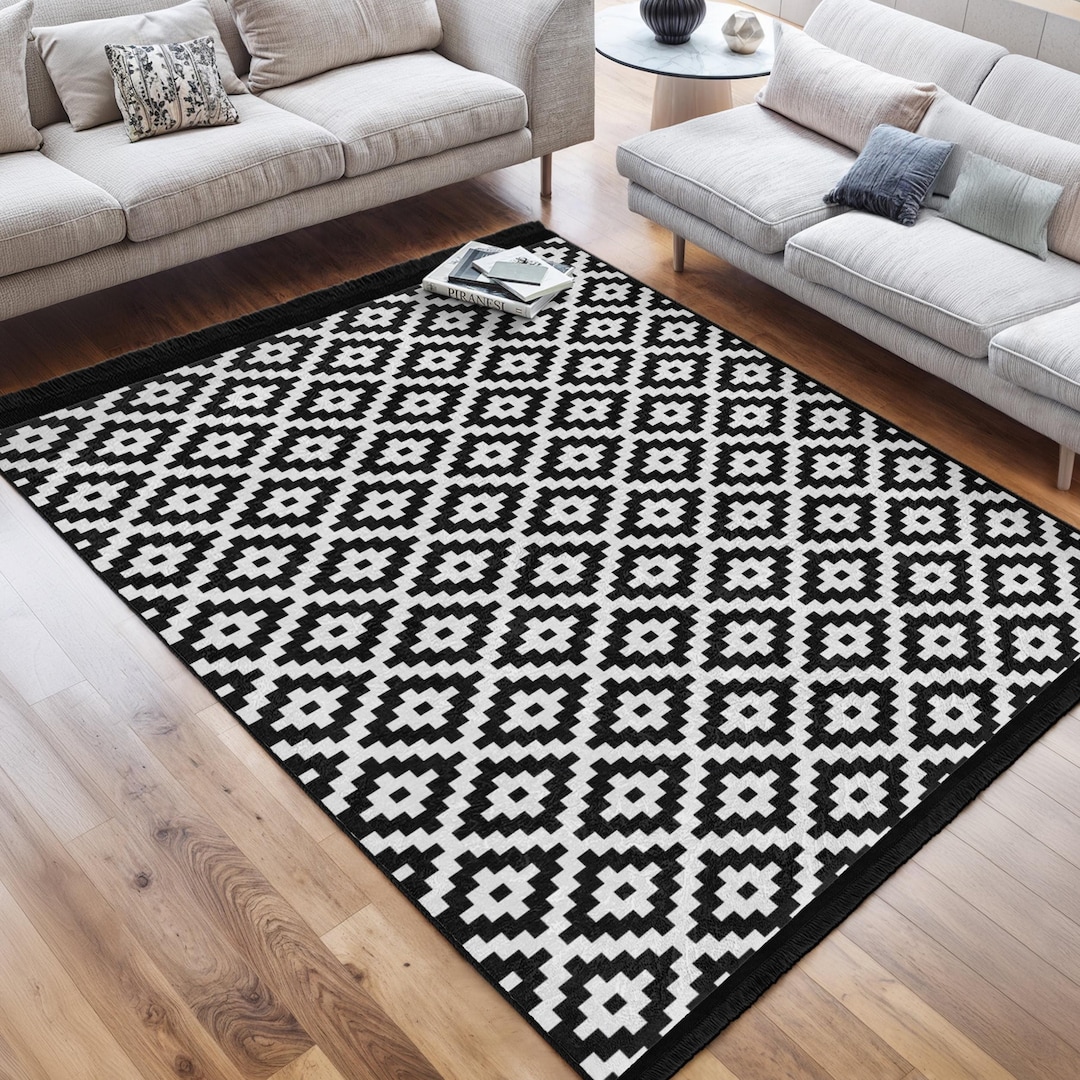Checker Aztec Area Rug - Boho Slip Free Rug - Diamond Washable