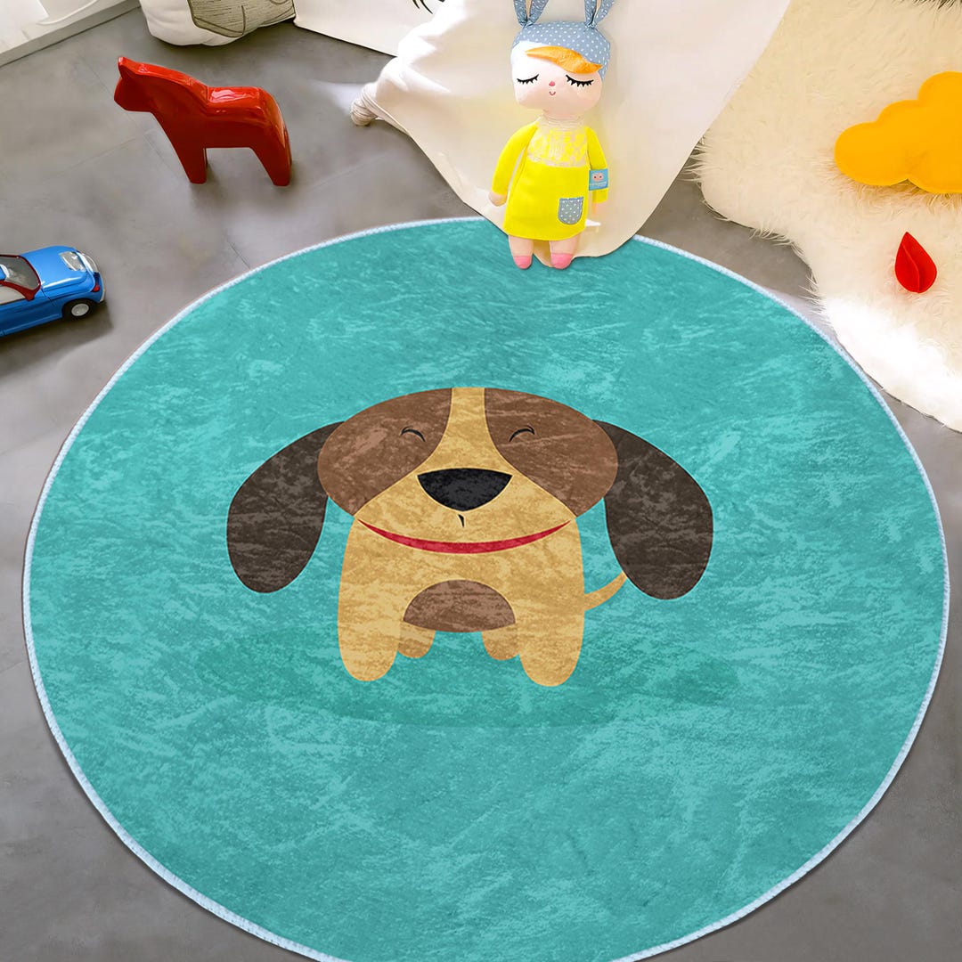 Round Pet Rug Teal Round Nursery Area Rug - Blue Cute Dog Circle Newborn Carpet ...