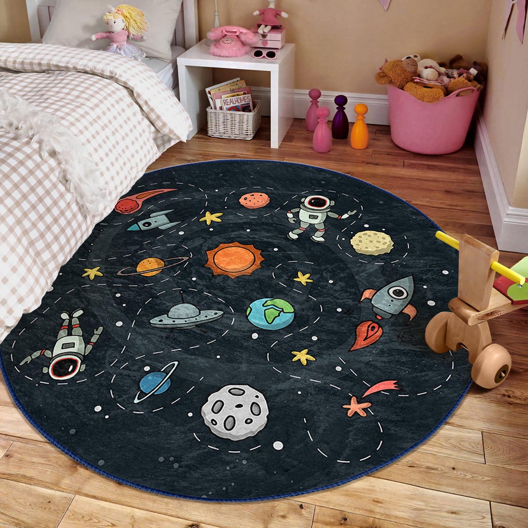 Nasa Rug Round Sun Children Room Round Rug - Black Astronaut Circle Carpet - Solar ...