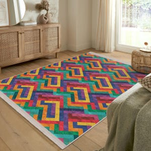 Abstract Blocks Colorful Area Rug - Geometric Carpet-Multicolor Runner - Eclectic Maze Non-Slip Mat-Pink 6x9 Floor Cover-Washable Rugs Dorm