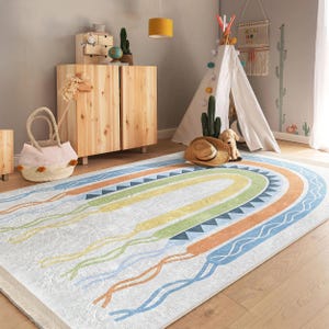 Rainbow Crawling Rug -Blue Mat-Aztec Skid Proof Carpet for Kid&#39;s Room-Scandinavian Toddler Runner-Scarf Playroom Rug-Colorful Tammy Time Mat