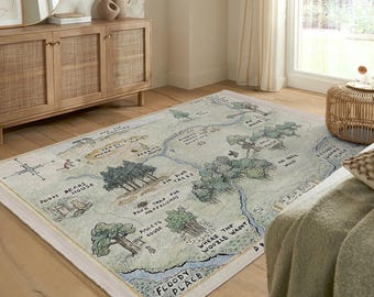 Fairy Tale Woodland Area Rug - Winnie Grip Backing Rug - Cartoon Map Washable Throw Rug -Pooh Tent Runner-Green Entryway Mat-Pooh Map Carpet