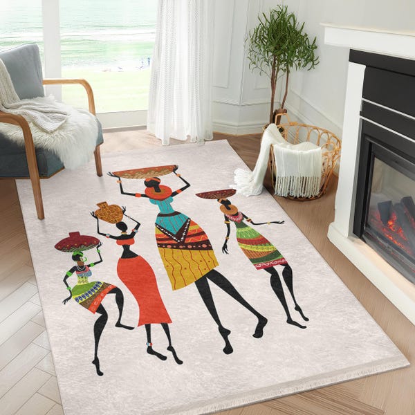 Afrikaans etnisch vloerkleed - antislip accenttapijt dames - wasbaar accenttapijt met motief - stylist vloerkunst vloerkleed-wit mat-chique interieurtapijt
