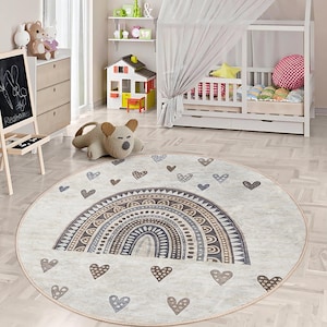 Heart Kids Room Round Rug - Beige Rainbow Circle Carpet - Tribal Activity Oval Rug - Native Aztec American Washable Circular Playmat
