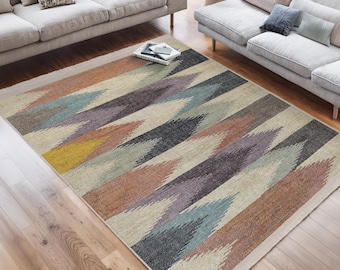 Chevron Dynamic High Traffic Rug - Zigzag Rubber Backing Throw Rug - Bohemian Washable Runner-Pastel Accent Rug-Beige Mat-Living Room Carpet
