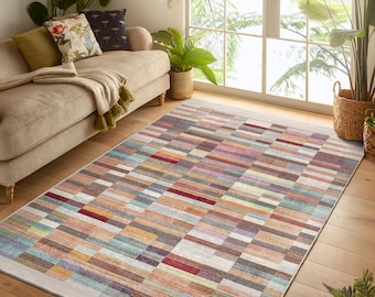 Alfombra con acento de bloques pastel - Alfombra antideslizante colorida - Alfombra lavable descolorida - Alfombra de corredor multicolor - Arte de piso beige - Alfombra de interior de lujo