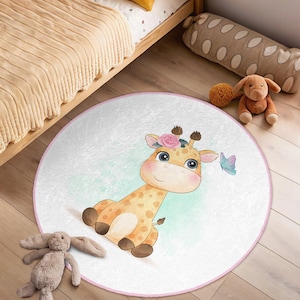 Alfombra redonda con diseño de jirafa boca abajo - Alfombra circular con dibujos animados en color blanco - Alfombra ovalada para guardería de animales - Alfombra de juego circular lavable con diseño floral de acuarela