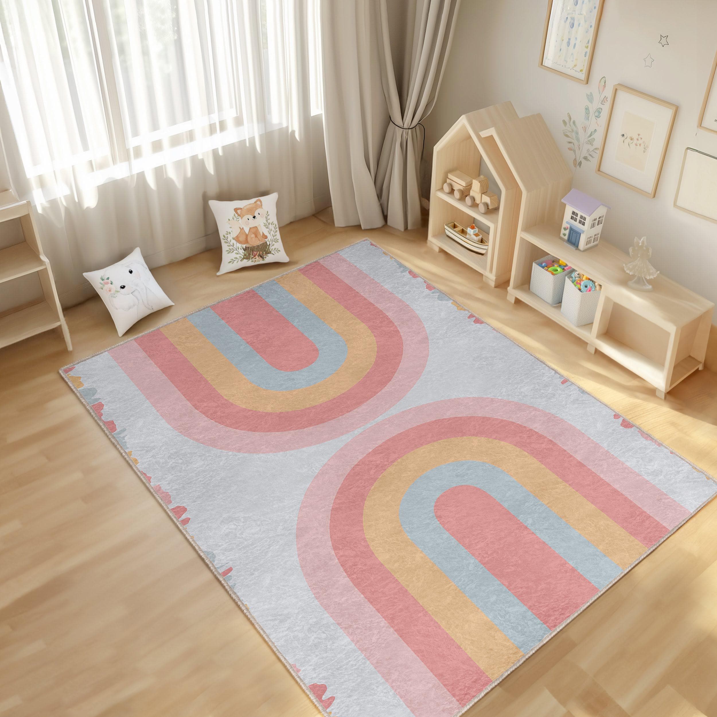 Rainbow Welcome Doormat Semi-Circular With Inspirational Quote – Non-Slip, 35.43x17.72 Inch Pink Pastel